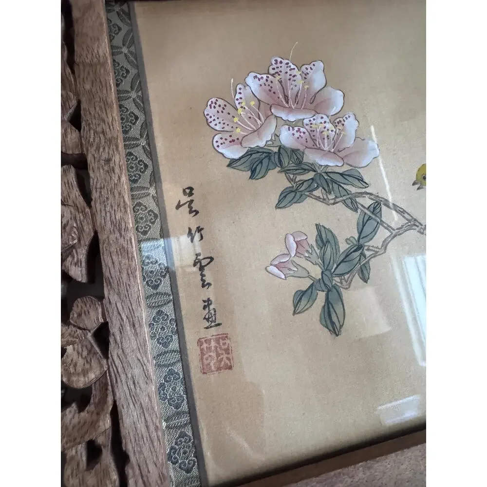 Vintage Pair Asian Silk Bird Floral Paintings, Carved Wood Framed Botanicals